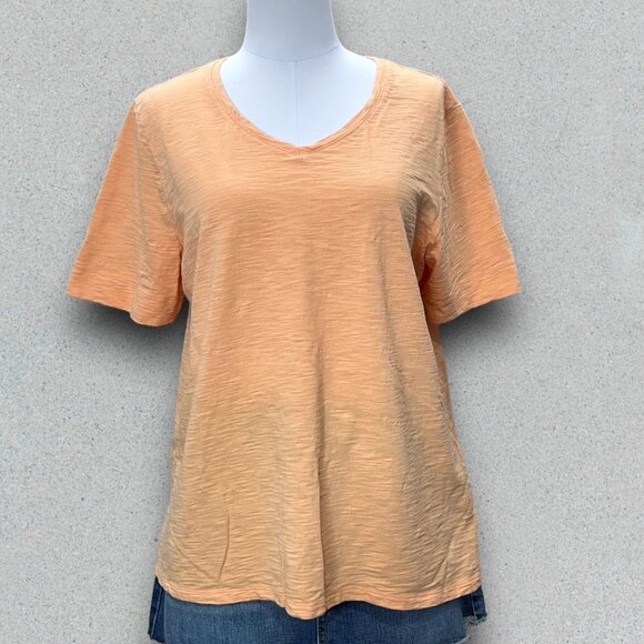 Chicos Slub V-Neck Tee Womens Large Peach Orange Pleated Back Cotton Modal Blend - Picture 1 of 10
